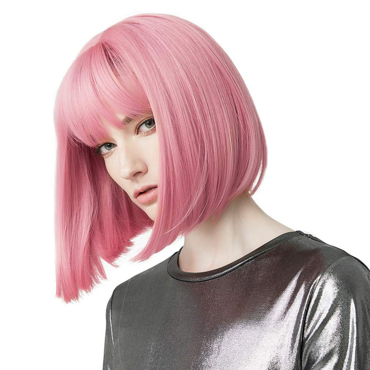 REECHO 11 Short Bob Wig with bangs Cosplay Synthetic Hair for White Black Women Color Princess Pink