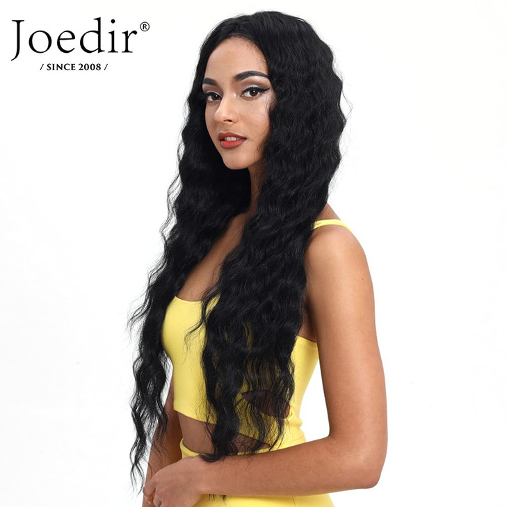 Joedir Lace Front Wigs 30 Long Wavy Synthetic Wig 45 Deep Part HD Transparent Lace For Women 130 Density WigsBLACK COLOR