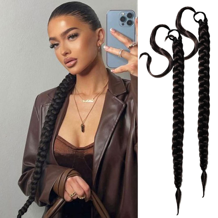 2 Packs Black Long Braided Ponytail Extension For Black Women Soft Synthetic Hair Piece For Women with Hair Tie Straight