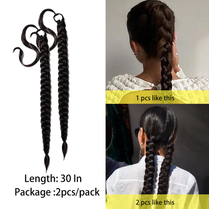 2 Packs Black Long Braided Ponytail Extension For Black Women Soft Synthetic Hair Piece For Women with Hair Tie Straight