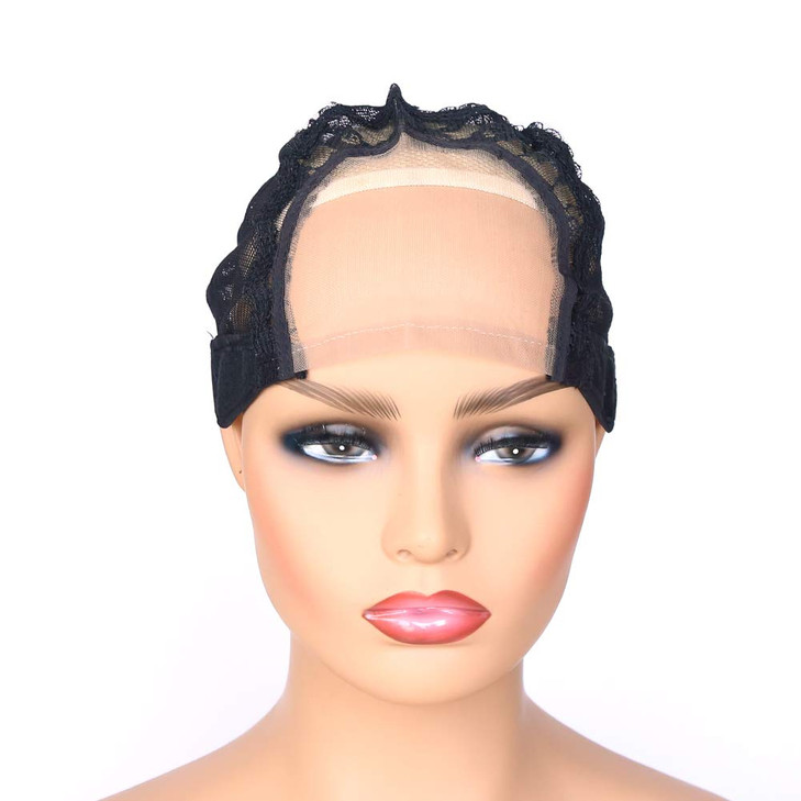 BTWTRY 35x4inch U Part Wig Cap with Lace for Wigs Making with Adjustable Strap Medium Size Black Dome Mesh Weaving Wig C