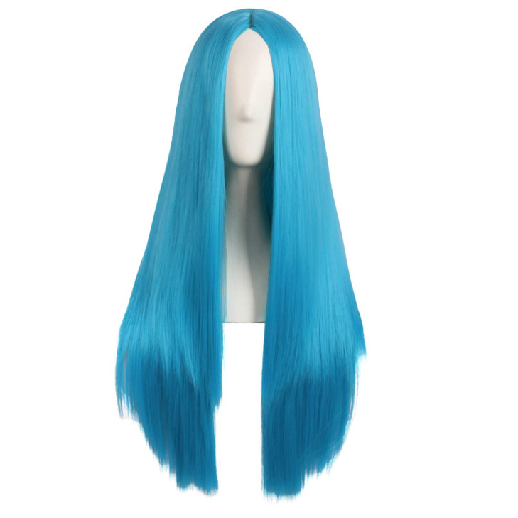 MapofBeauty 28 Inch70cm Women Special Natural Long Straight Synthetic Wig Cyan Blue