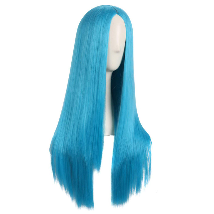 MapofBeauty 28 Inch70cm Women Special Natural Long Straight Synthetic Wig Cyan Blue