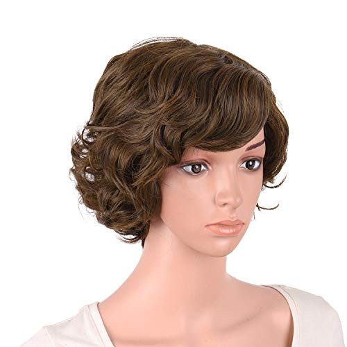 MapofBeauty 118 Inch30cm Special Women Short Curly Side Bangs Fashion Wig Brown