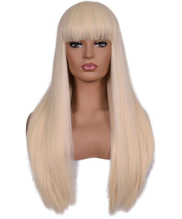 morvally Womens 26 inches Long Straight Blonde Synthetic Resistant Hair Wigs with Bangs Natural Looking Wig for Women Ha