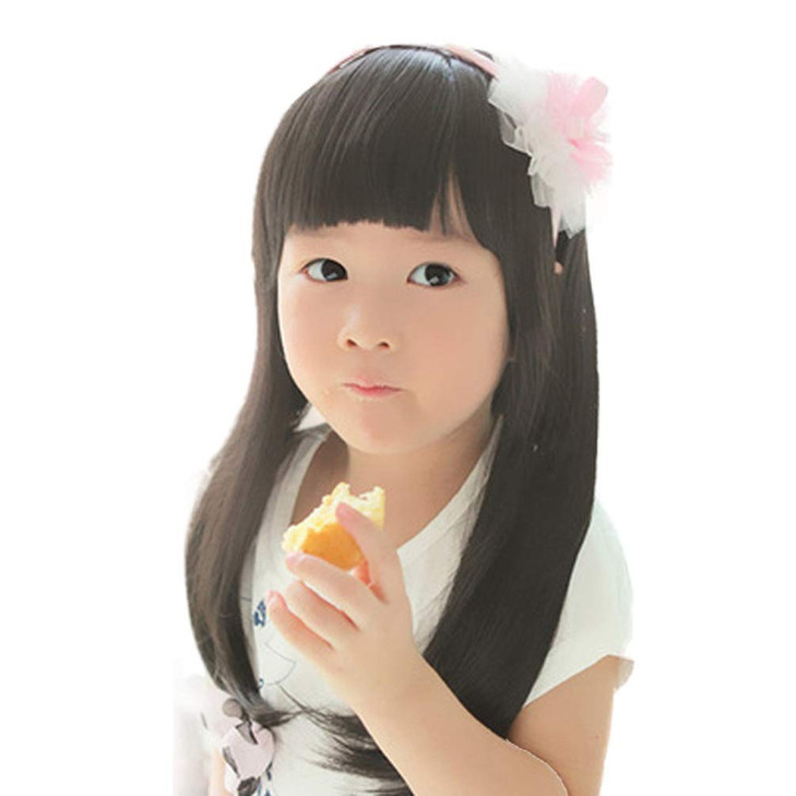 OMORFIEER Black Straight Wigs for Kids Child Flat Bangs Heat Friendly Cosplay Wig