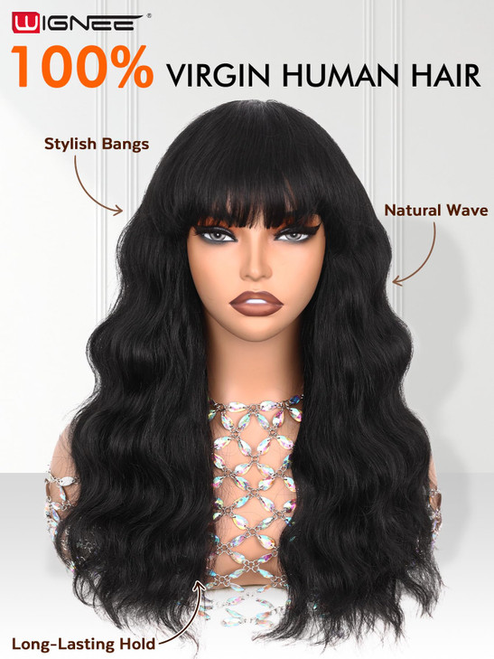 WIGNEE 100 Virgin Human Hair Wig Natural Wave Wigs with Bangs Brazilian Human Hair Wave Wigs Natural Black Color 18 Inch