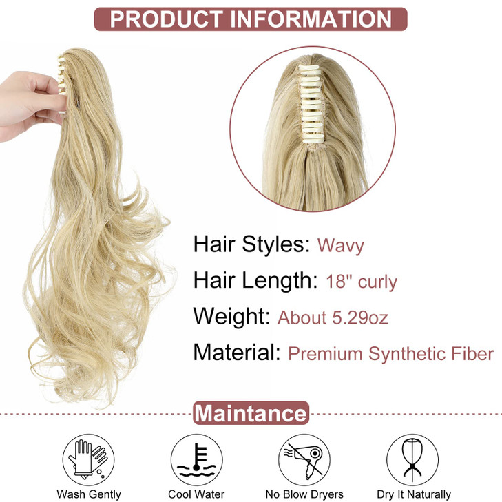 Leterly Ponytail Extension Clip in Claw 18 Curly Wavy Pony Tails Clipon Long Hairpiece Jaw for Women Light Blonde Mix Bl