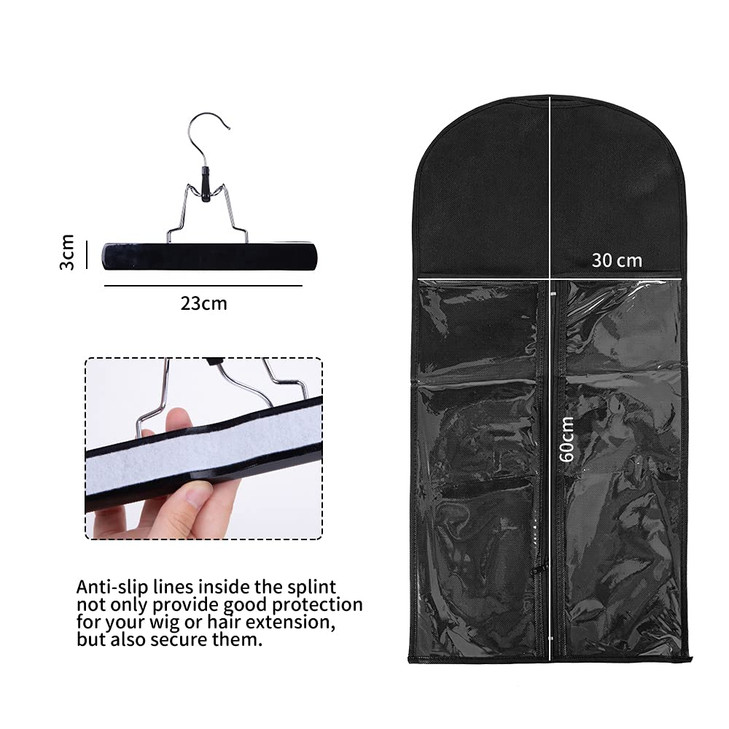 Wig Bags Storage With Hanger 3PCS Hair Extensions Storage Bag Hair Hangers For Extensions Hairpieces Storage Holder blac