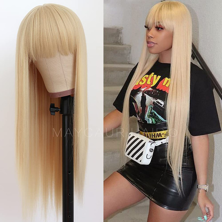 Maycaur Blonde Synthetic Hair Wigs with Full Bangs 613 Color Long Straight Womens Wig Heat Resistant Synthetic No Lace W