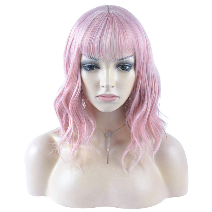 DAOTS 14 Inches Curly Wigs with Bangs for Women Girls Synthetic Wavy Hair Wig Pink