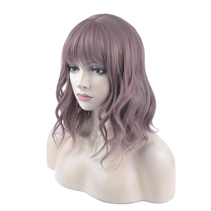 DAOTS Curly Wigs with Bangs for Women Girls Synthetic Wavy Hair Wig 14 Inches Wine Red