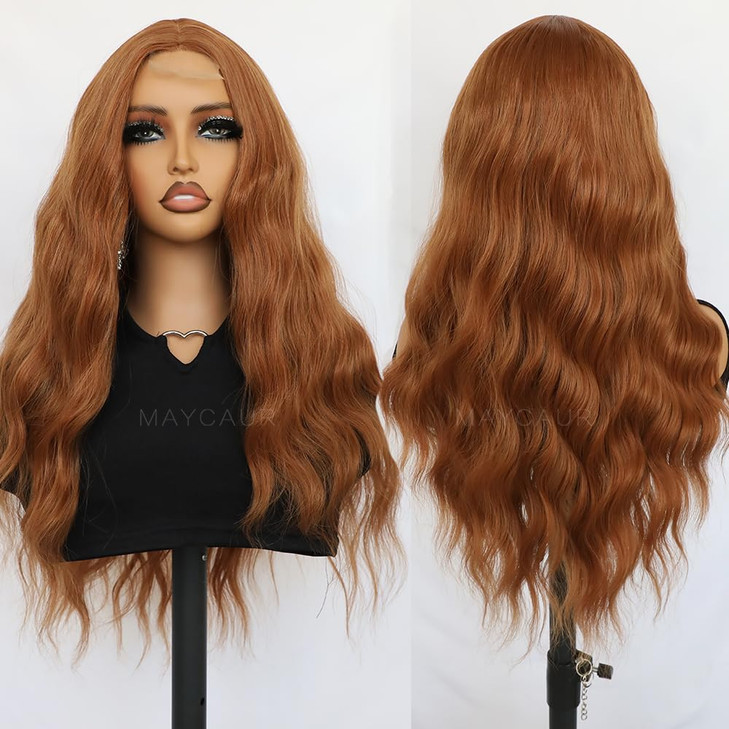 Maycaur Long Wavy Synthetic Lace Front Wig for Women 22 Inch Glueless Wigs Copper Brown Brunette Heat Resistant Soft Fib