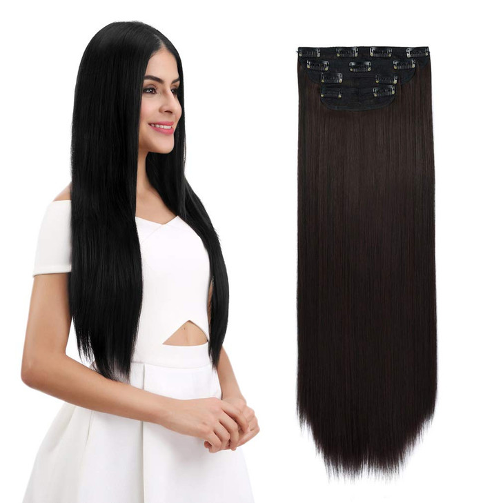 REECHO 24 Straight Long 4 PCS Set Thick Clip in on Hair Extensions Dark Brown with Little Reddish