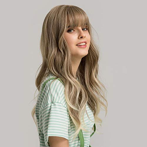 OUFEI 24 Inches Ash Blonde Wigs With Bangs for Women Natural Synthetic Wavy Wigs Heat Resistant Hair Long Wigs for Daily