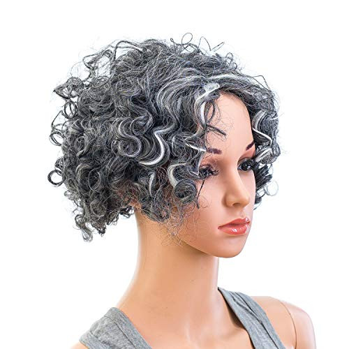 SWACC 12Inch Old Lady Cosplay Granny Wig Short Grandmother Curly Wigs for Women with Wig Cap Silver Gray