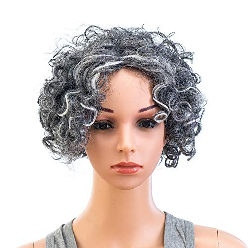 SWACC 12Inch Old Lady Cosplay Granny Wig Short Grandmother Curly Wigs for Women with Wig Cap Silver Gray