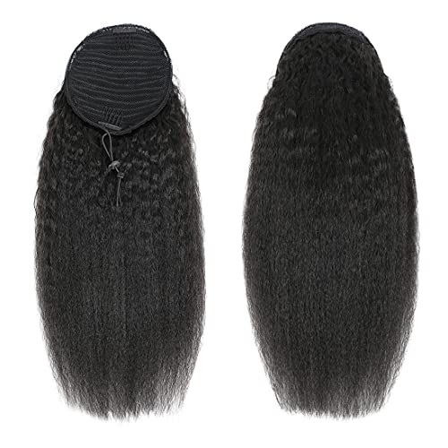 Kinky Straight Drawstring Ponytail for Black Women 20Inch Human Hair 10A Grade Unprocessed Natrual Color 1B Clip on Exte