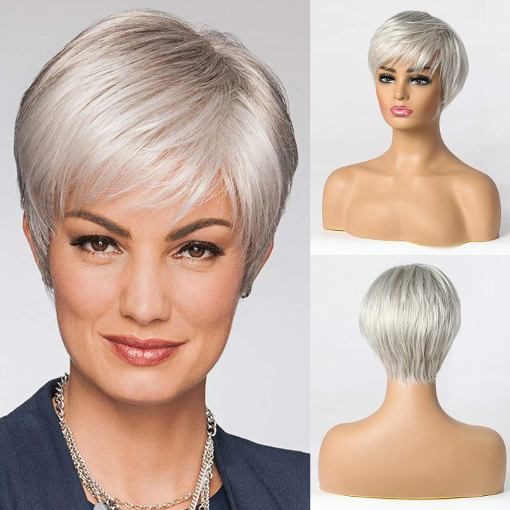 EMMOR Short Silver Grey Human Hair Blend Wigs for WomenNatural Hair Pixie Cut WigLightweightBreathableSoft Color 101