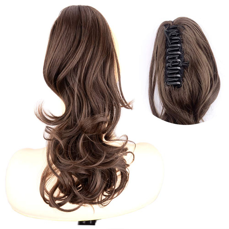 DIGUAN 13 Inches Ombre Claw Clip In Wavy Loose curly Synthetic Wrap Around Ponytail Extensions Short Pony Tail Clip In E