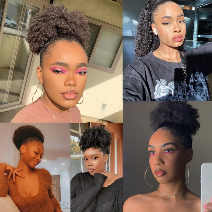 Afro Puff Drawstring Ponytail Bun For Black Women 150 Density 10A Brazilian Virgin Human Hair 4C Afro Kinky Curly Clip I