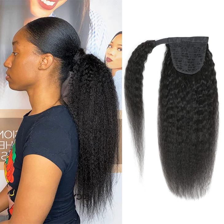 Adette 24 Inches Kinky Straight Ponytail Human Hair Yaki Straight Ponytail Extension for Black Women Wrap Around Ponytai