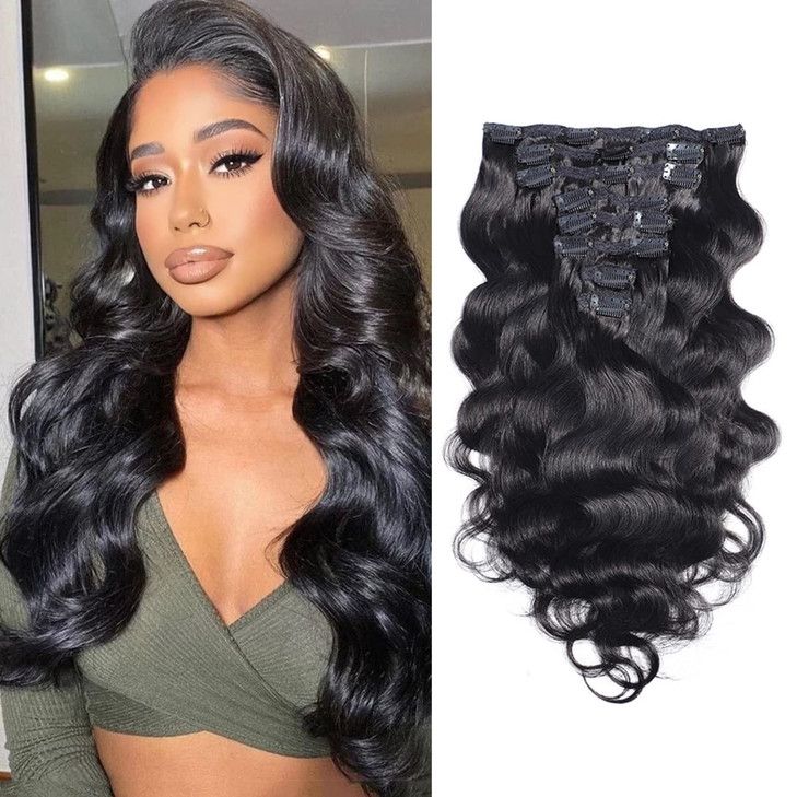 Feelgrace Wavy Clip ins Hair Extensions Human Hair 18 Natural Black Body Wave Clip in Remy Human Hair Extensions for Wom