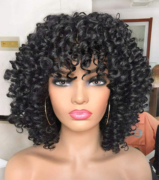 Annivia Curly Afro Wig with Bangs Short Kinky Curly Wigs for Black Women Synthetic Fiber Soft Hair Short Curly Afro Wig