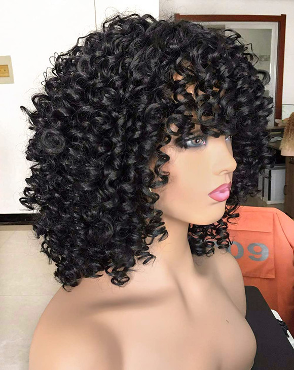 Annivia Curly Afro Wig with Bangs Short Kinky Curly Wigs for Black Women Synthetic Fiber Soft Hair Short Curly Afro Wig