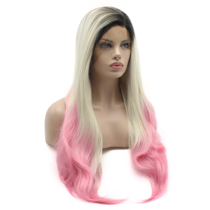 Lushy Straight Extra Long 28in Black Root Light Blonde Pink Ombre Wigs Heavy Density Heat Friendly Synthetic Lace Front