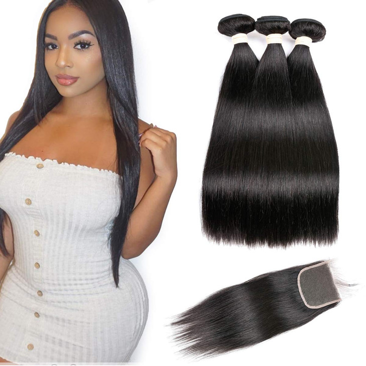 Beauhair Straight 3 Bundles with Closure Virgin Hair Free Part 14 16 18 with 14inch 100 Unprocessed Remy Brazilian Human