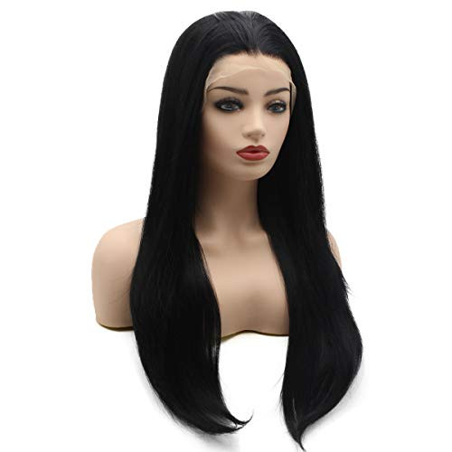 Meiyite Hair Straight Long 24inch Black Half Hand Tied Heat Resistant Synthetic Lace Front Wigs