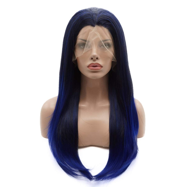 Lushy Straight Long 24inch Dark Root Blue Ombre Wig Heat Resistant Heavy Density Realistic Synthetic Lace Front Wig