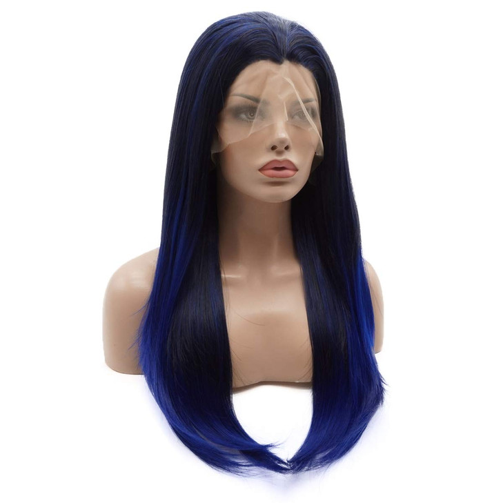 Lushy Straight Long 24inch Dark Root Blue Ombre Wig Heat Resistant Heavy Density Realistic Synthetic Lace Front Wig