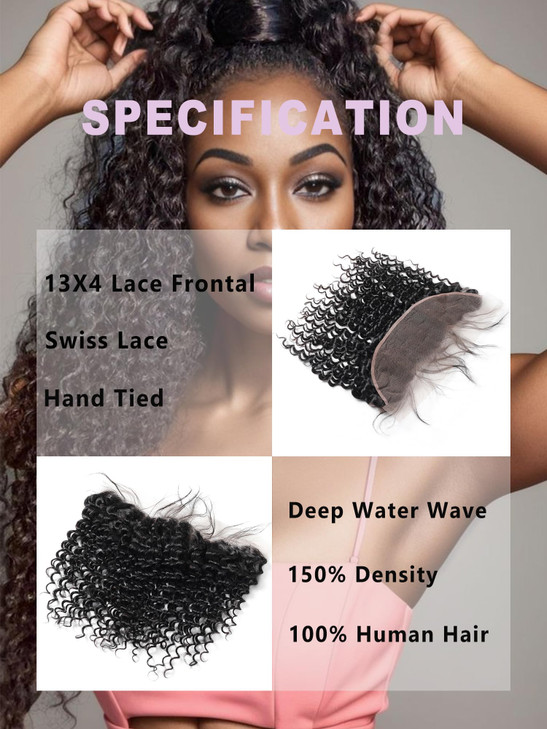 Deep Wave Human Hair Bundles 18 inch 1 Lace Frontal Natural Black