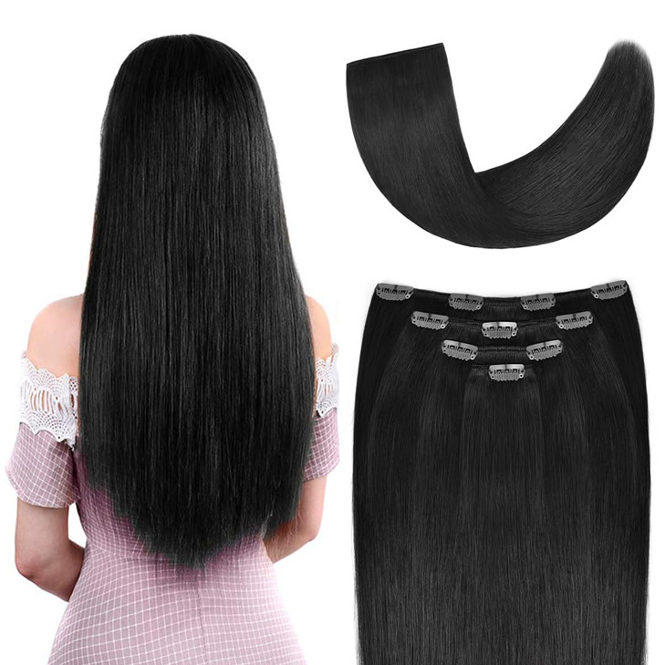 18 Clip in Hair Extensions Remy Human Hair for Women Silky Straight Human Hair Clip in Extensions 60grams 4pieces Jet Bl