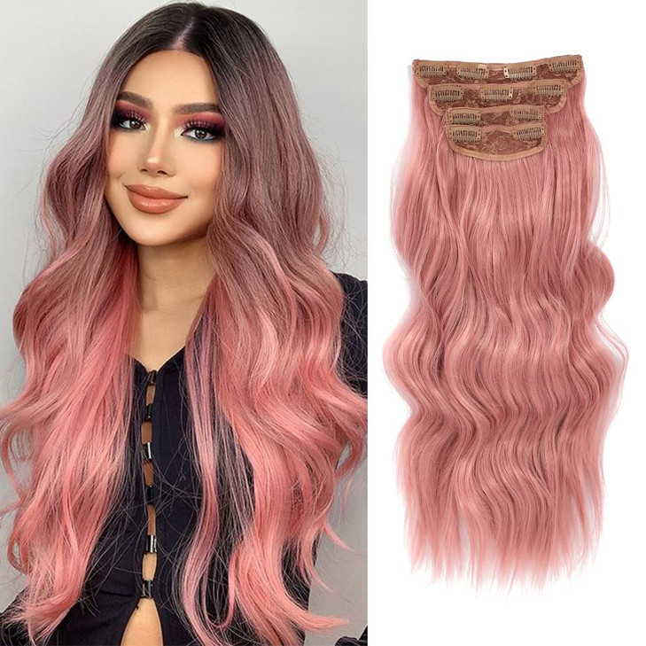 4PCS Clip in Hair Extensions 20Inch Long Wavy Hair Extensions Clip ins Synthetic Thick Hair Piece for Women Pink