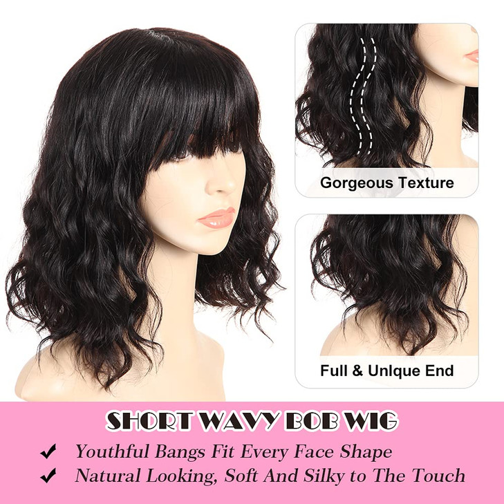 PANEWAY Short Human Hair Wigs with Bangs Brazilian Body Wave Virgin Human Hair Wigs for Black White Women Short Wavy Bob