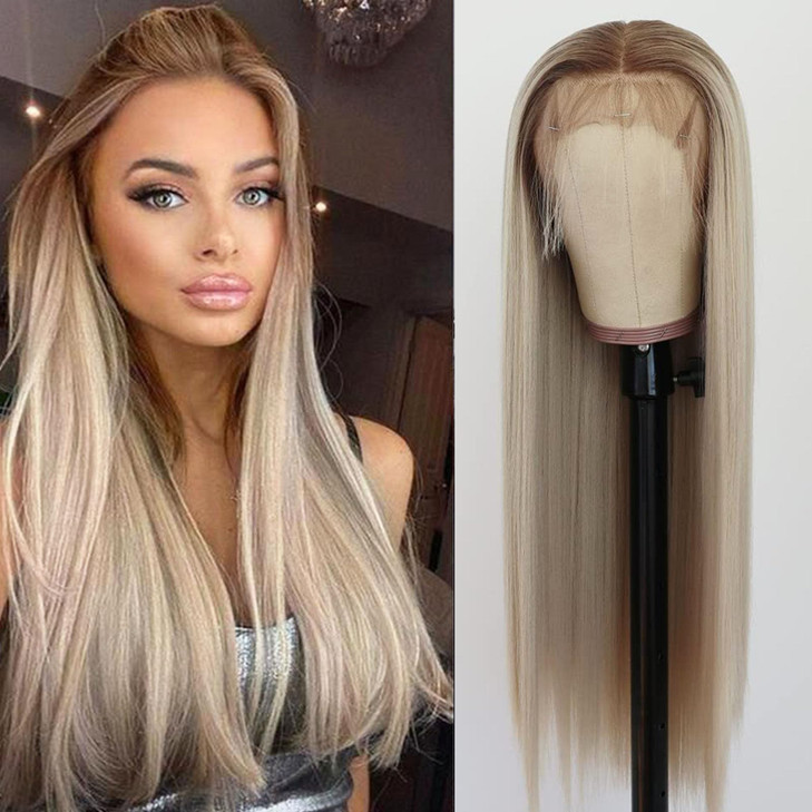 TaBeWay Ombre Blonde Synthetic Lace Front Wig Long Straight Glueless with Baby Hair Heat Resistant Free Part Blonde Lace