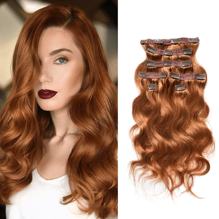 viviaBella Body Wave Clip in Human Hair Extensions Copper Red 16 Inches 120 Gram Human Hair human hair clip in extension