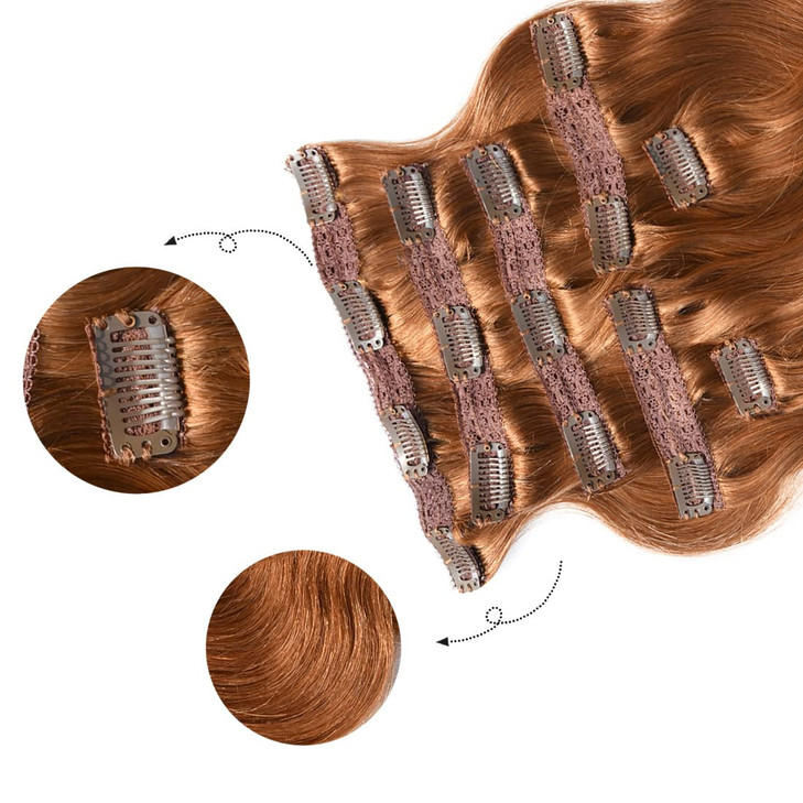 viviaBella Body Wave Clip in Human Hair Extensions Copper Red 16 Inches 120 Gram Human Hair human hair clip in extension