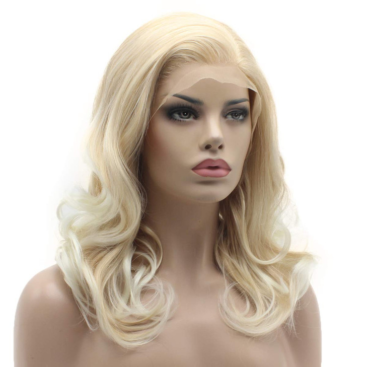Lushy Charming Medium Length Blonde Root White Ombre Half Hand Tied Heat Resistant Heavy Density Synthetic Lace Front Wi