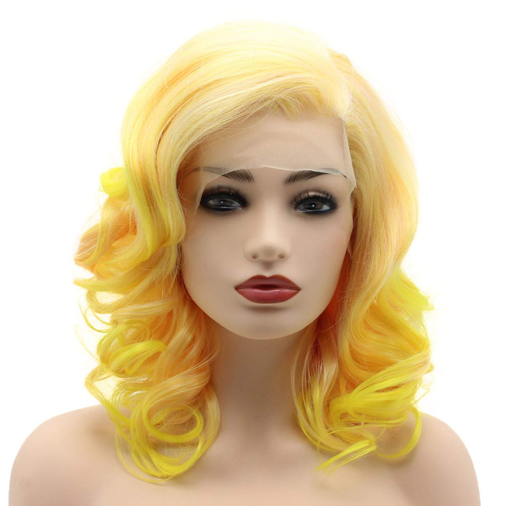 Meiyite Hair Wavy Shoulder Length 16inch Two Tone Pink Root Golden Ombre Heavy Density Realistic Synthetic Lace Front Wi
