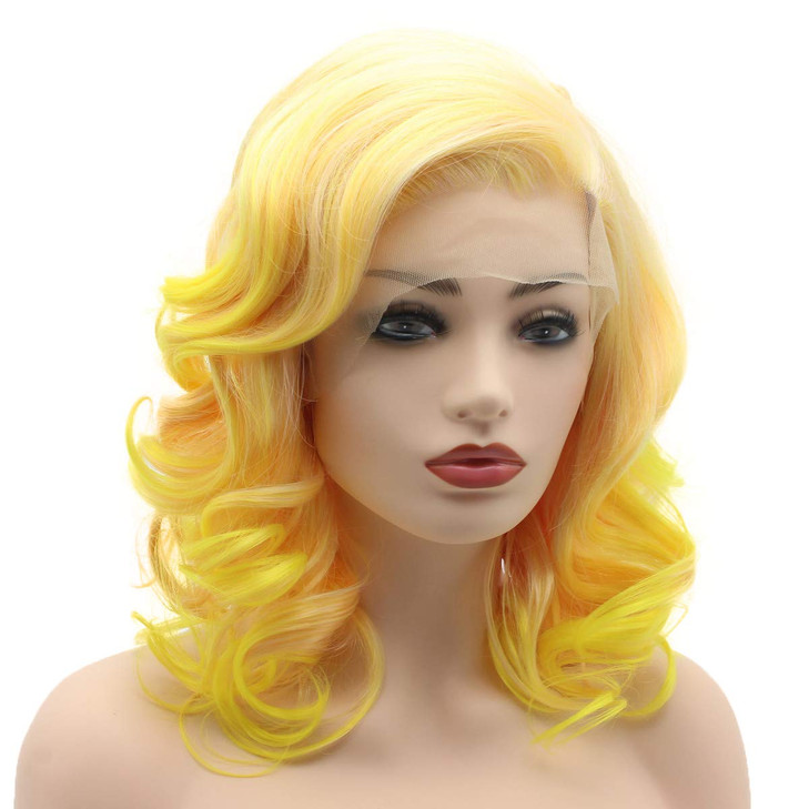 Meiyite Hair Wavy Shoulder Length 16inch Two Tone Pink Root Golden Ombre Heavy Density Realistic Synthetic Lace Front Wi