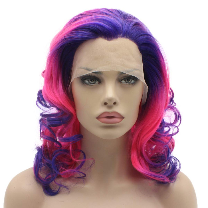 Lushy Shoulder Length 16inch Two Tone Purple Rose Red Ombre Wig Heat Friendly Heavy Density Realistic Synthetic Lace Fro