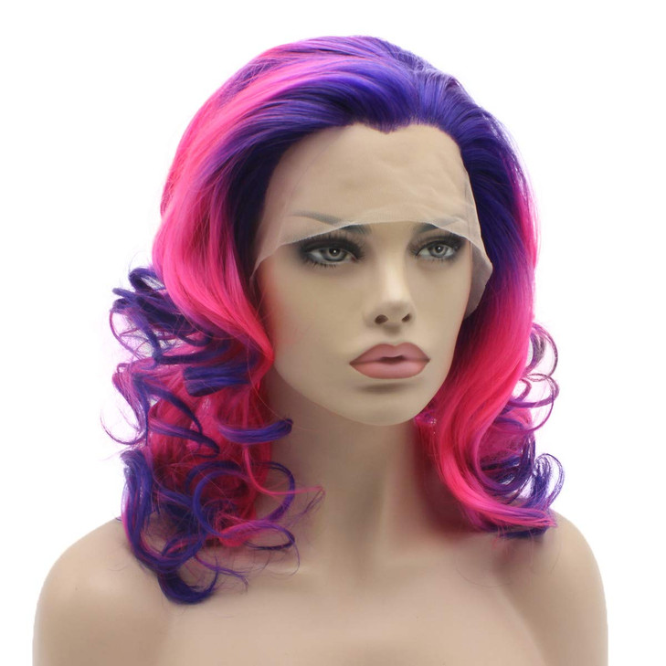 Lushy Shoulder Length 16inch Two Tone Purple Rose Red Ombre Wig Heat Friendly Heavy Density Realistic Synthetic Lace Fro