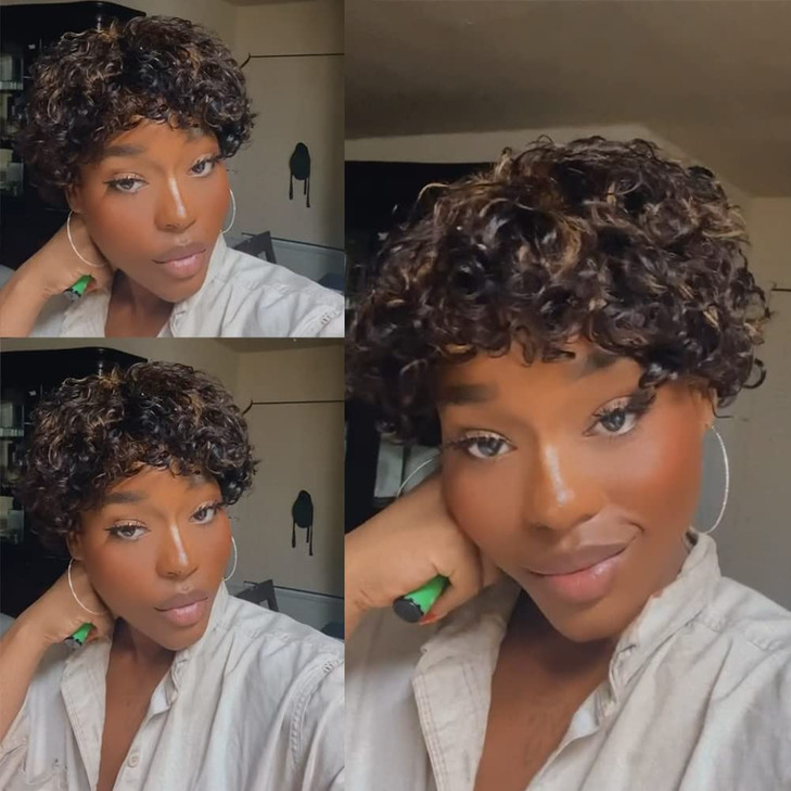 HUA Short Curly Human Hair Wigs for Black Women Glueless Bouncy Curly Short Pixie Wigs for Black Women Human Hair with B