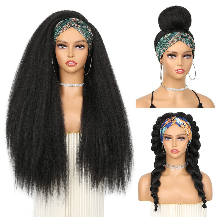 WIGNEE 26 Inches Kinky Straight Headband Wig for Women Yaki Straight Wigs with Black Headband Kinky Afro Wigs For Black