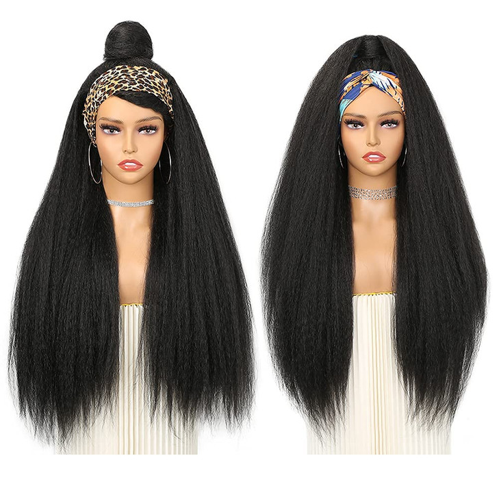 WIGNEE 26 Inches Kinky Straight Headband Wig for Women Yaki Straight Wigs with Black Headband Kinky Afro Wigs For Black