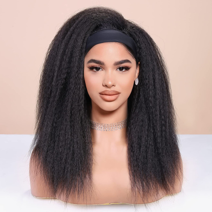 WIGNEE 18 Inches Kinky Straight Headband Wig for Women Yaki Straight Wigs with Black Headband Kinky Afro Wigs For Black